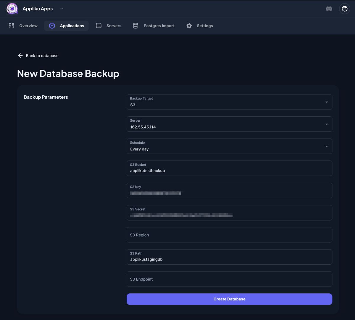 Backup form - S3 settings