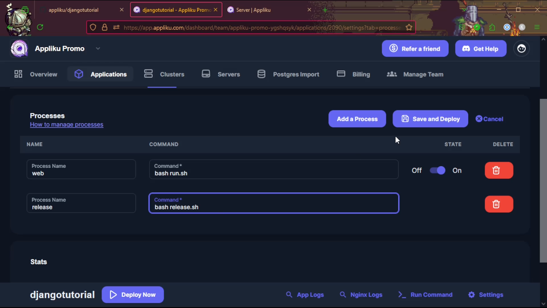 Add processes button
