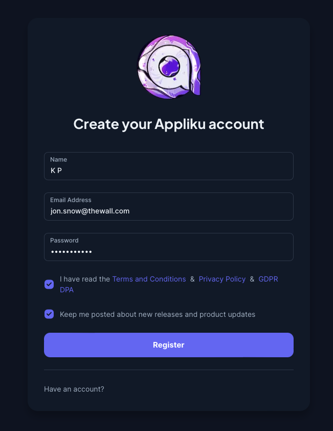 Appliku signup