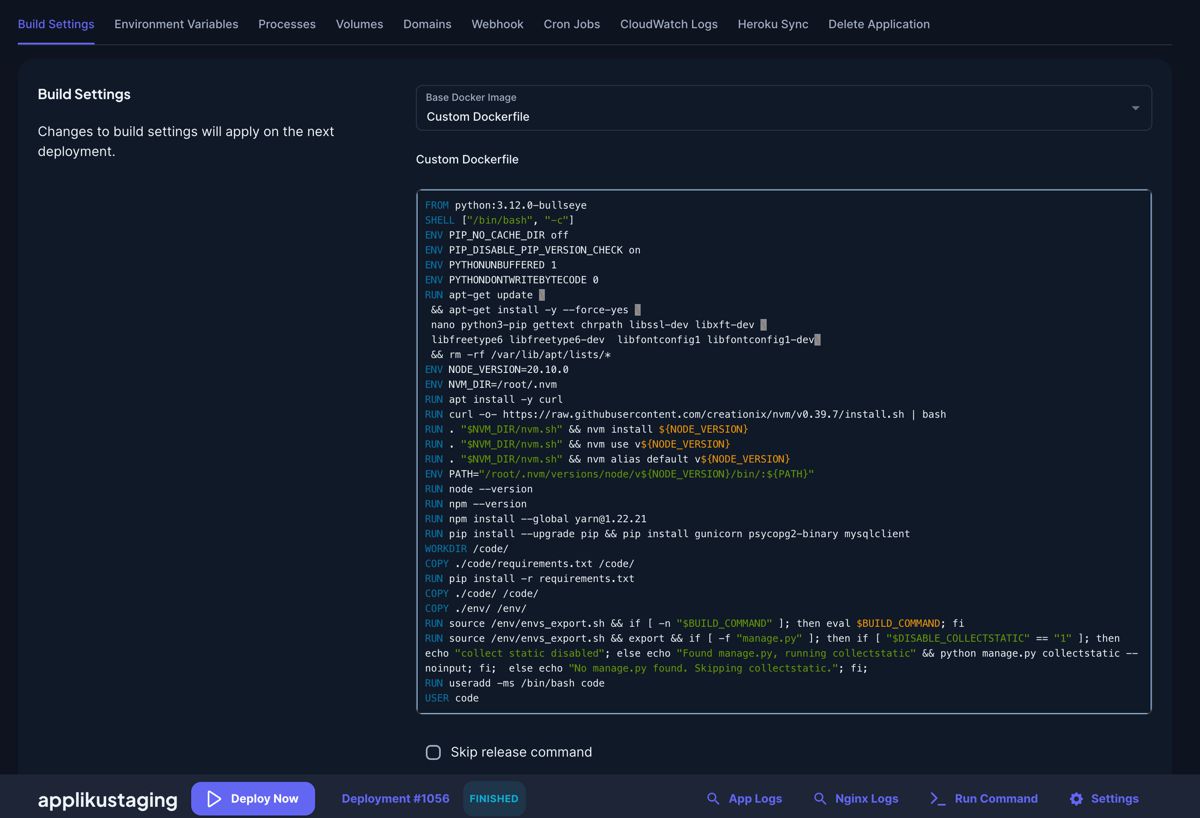 Custom Dockerfile Appliku