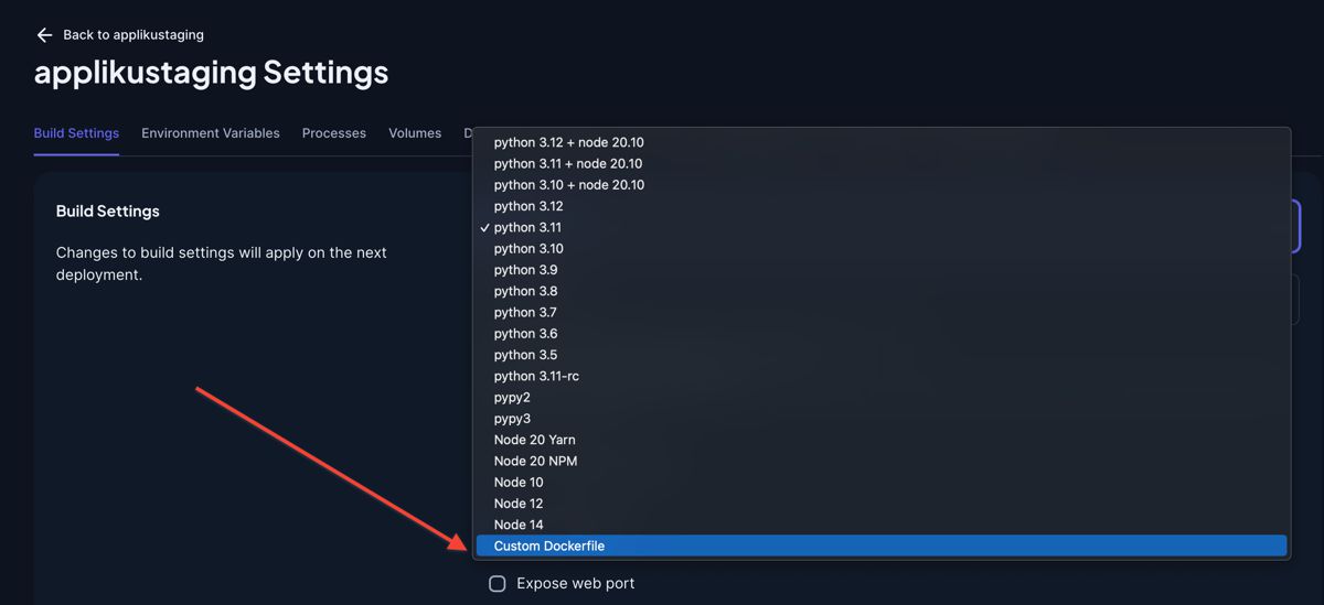 Select Custom docker file
