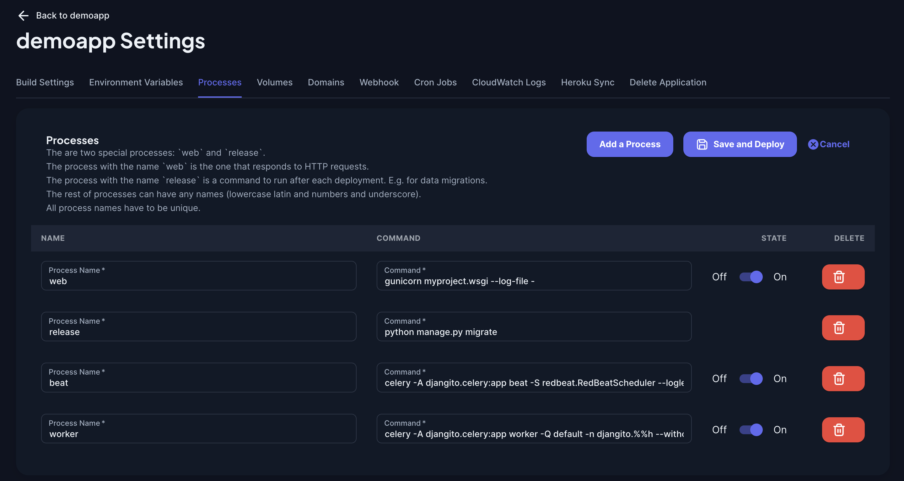 Processes configured
